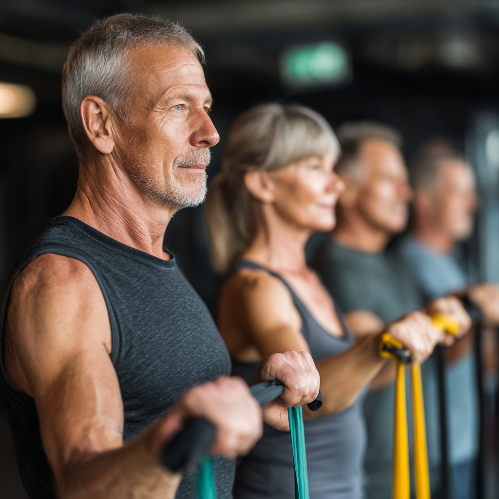 Adults in their forties doing functional fitness exercises with resistance bands