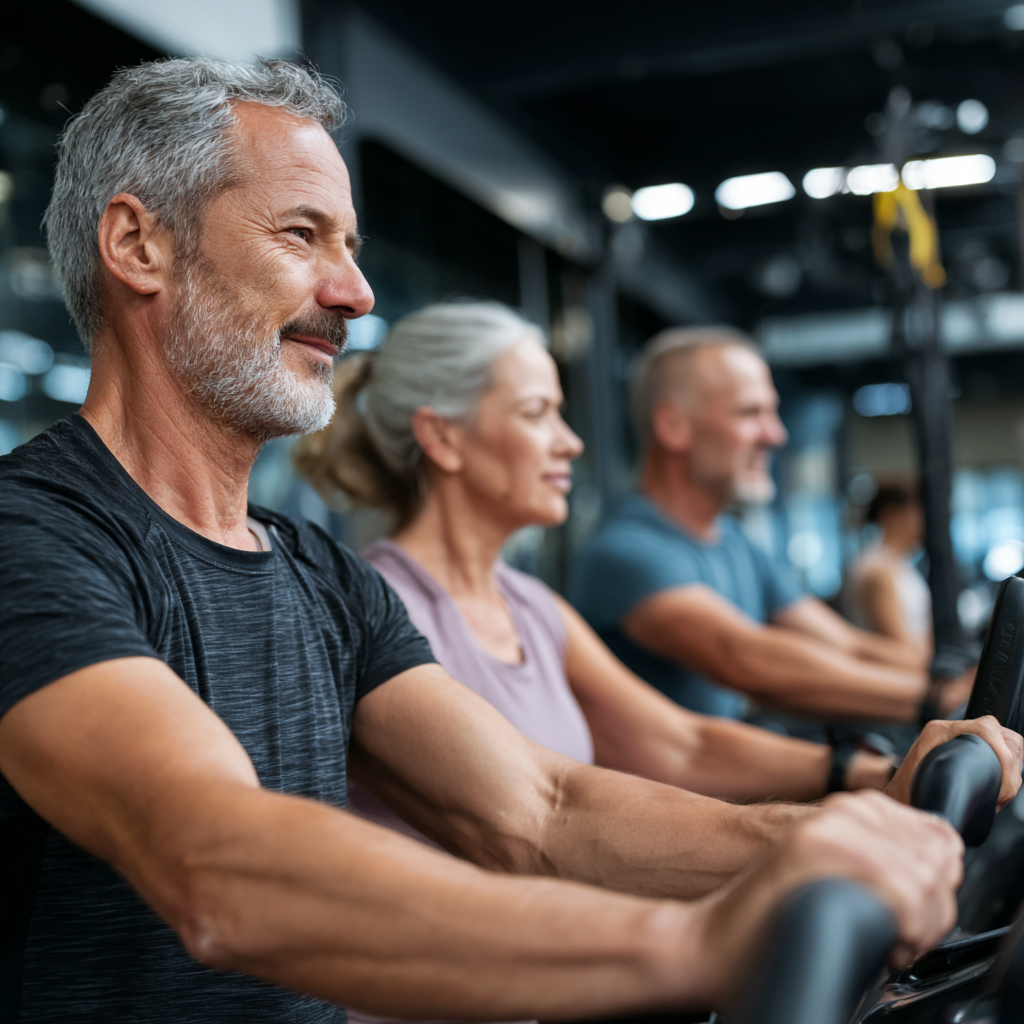 Group of middle-aged adults exercising with professional fitness equipment in modern gym
